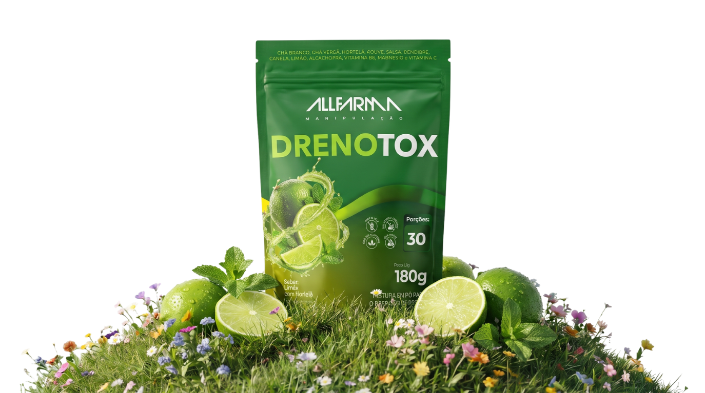 Embalagem do Drenotox sobre um monte de grama com flores e limões