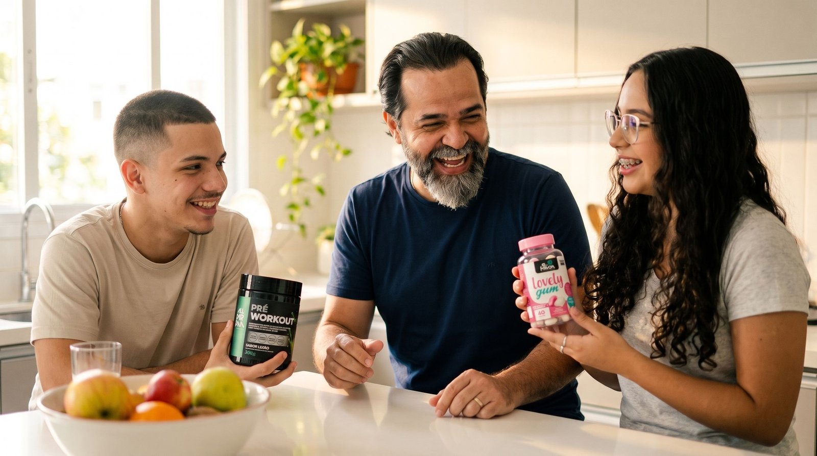 Família sorrindo na cozinha segurando produtos All Farma